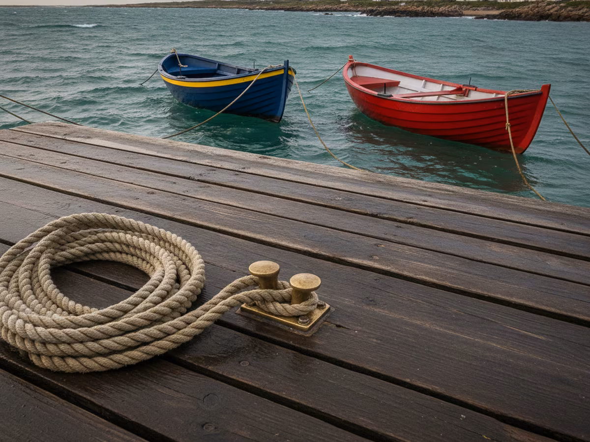 Two rowing boats tied up at a wet wooden pier